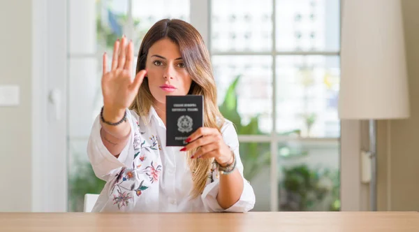 Young Woman Home Holding Passport Italy Open Hand Doing Stop — Stock Photo, Image