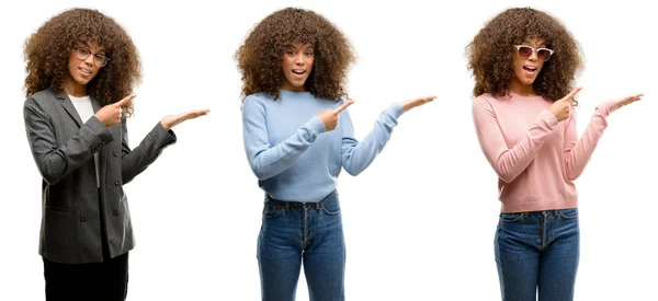 Africano Americano Jovem Mulher Vestindo Roupas Diferentes Espantado Sorrindo Para — Fotografia de Stock