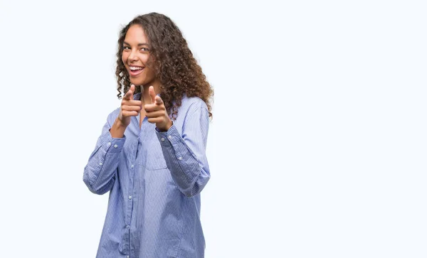 Young Hispanic Business Woman Pointing Fingers Camera Happy Funny Face — Stock Photo, Image