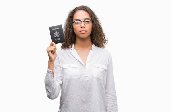 Young Hispanic Woman Holding Passport United States America Confident Expression — Stock Photo, Image