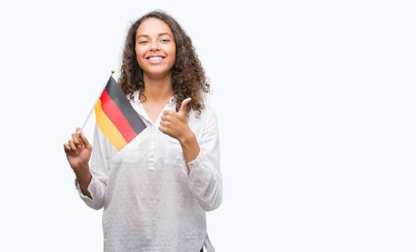 Mujer Hispana Joven Sosteniendo Bandera Alemania Feliz Con Una Gran —  Fotos de Stock