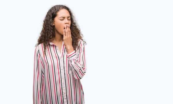 Beautiful Young Hispanic Woman Bored Yawning Tired Covering Mouth Hand — Stock Photo, Image