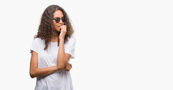 Young Hispanic Woman Wearing Sunglasses Looking Stressed Nervous Hands Mouth — Stock Photo, Image