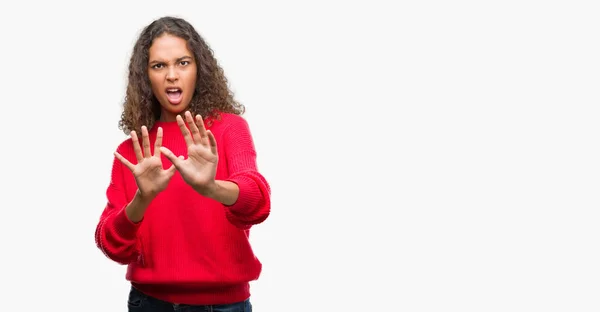 Young Hispanic Woman Wearing Red Sweater Afraid Terrified Fear Expression — Stock Photo, Image