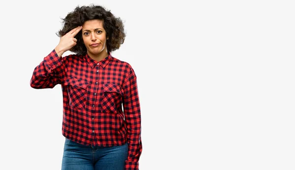 Mulher Árabe Bonita Infeliz Fazendo Gesto Suicídio Cansado Tudo Tiros — Fotografia de Stock