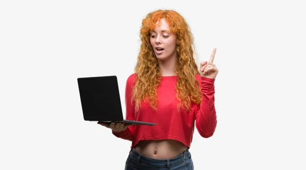 Young Redhead Woman Using Computer Laptop Surprised Idea Question Pointing — Stock Photo, Image