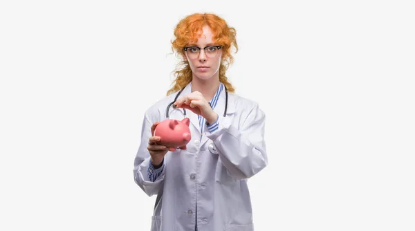 Young Redhead Doctor Woman Holding Piggy Bank Confident Expression Smart — Stock Photo, Image