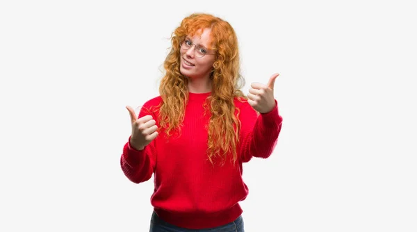 Young Redhead Woman Wearing Red Sweater Approving Doing Positive Gesture — Stock Photo, Image