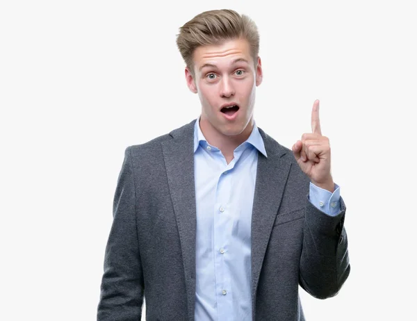 Ung Vacker Blond Business Människan Pekande Finger Upp Med Lyckad — Stockfoto