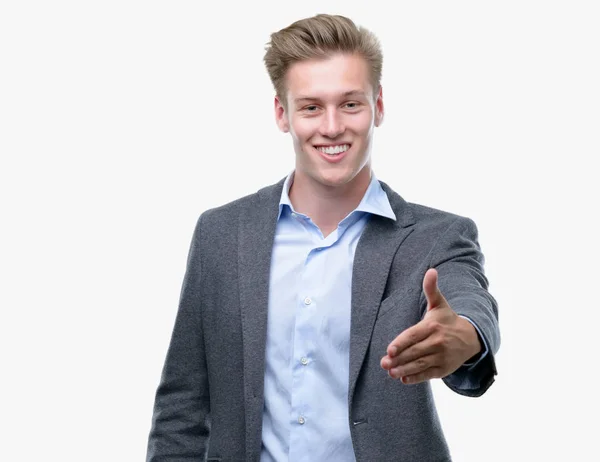 Young Handsome Blond Business Man Smiling Friendly Offering Handshake Greeting — Stock Photo, Image