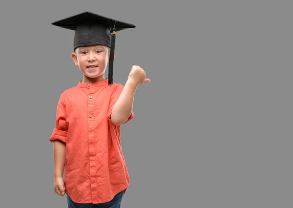 Dark Haired Little Child Wearing Graduation Cap Pointing Hand Finger — Stock Photo, Image