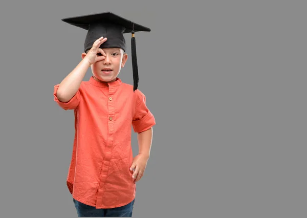 Dark Haired Little Child Wearing Graduation Cap Happy Face Smiling — Stock Photo, Image