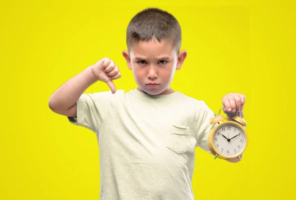 Little Child Holding Alarm Clock Angry Face Negative Sign Showing — Stock Photo, Image