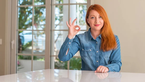 Redhead Woman Home Doing Sign Fingers Excellent Symbol — Stock Photo, Image