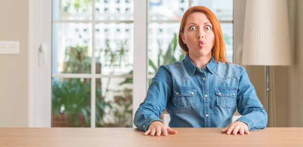 Redhead Woman Home Making Fish Face Lips Crazy Comical Gesture — Stock Photo, Image