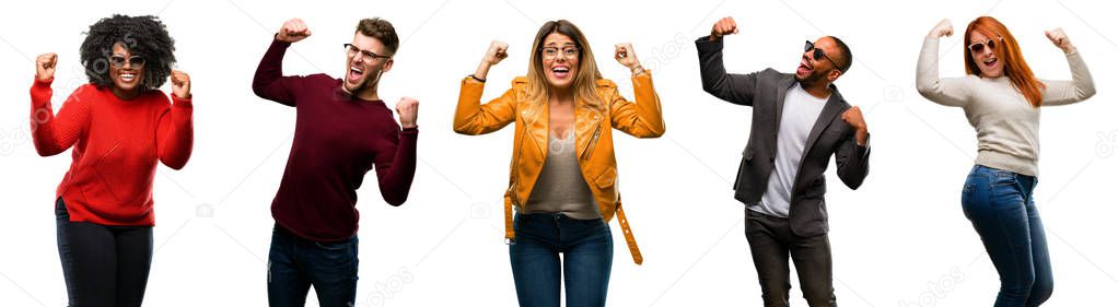 Group of cool people, woman and man happy and excited celebrating victory expressing big success, power, energy and positive emotions. Celebrates new job joyful