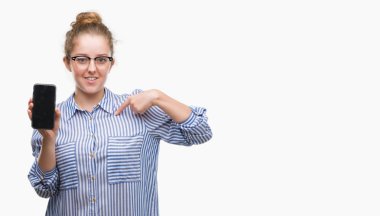 Kendisi için sürpriz yüz işaret parmağı ile akıllı telefon kullanan genç sarışın kadın