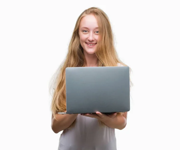 Blonde Teenager Woman Using Computer Laptop Happy Face Standing Smiling — Stock Photo, Image