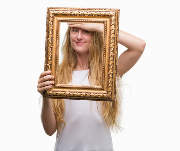 Blonde Teenager Woman Holding Vintage Frame Art Stressed Hand Head — Stock Photo, Image