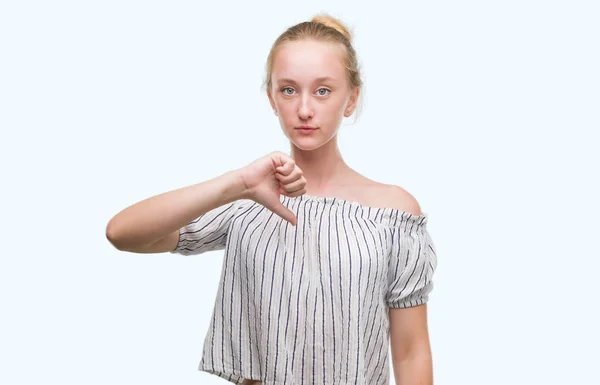 Blonde Teenager Woman Wearing Bun Angry Face Negative Sign Showing — Stock Photo, Image
