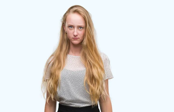 Blonde Teenager Woman Wearing Moles Shirt Skeptic Nervous Frowning Upset — Stock Photo, Image