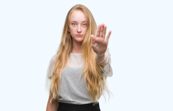 Blonde Teenager Woman Wearing Moles Shirt Doing Stop Sing Palm — Stock Photo, Image