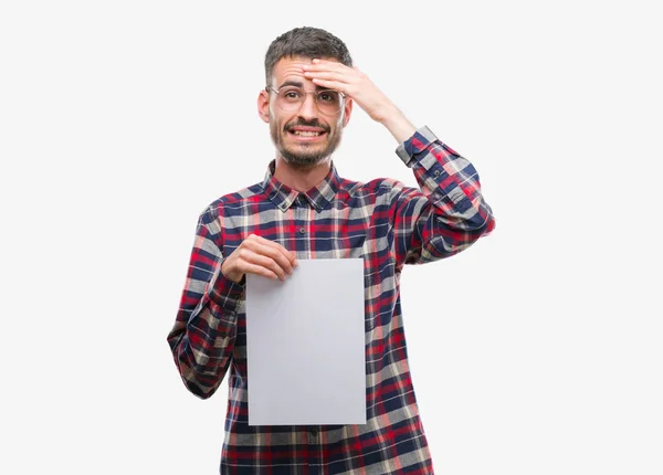 Young Hipster Adult Man Holding Blank Paper Sheet Stressed Hand — Stock Photo, Image
