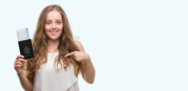 Young Blonde Woman Holding Passport Canada Boarding Pass Surprise Face — Stock Photo, Image