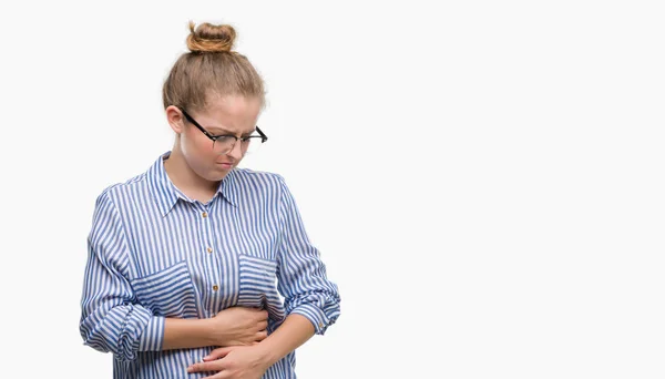 Young Blonde Business Woman Hand Stomach Because Nausea Painful Disease — Stock Photo, Image