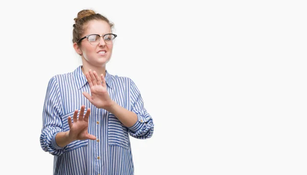 Young Blonde Business Woman Disgusted Expression Displeased Fearful Doing Disgust — Stock Photo, Image