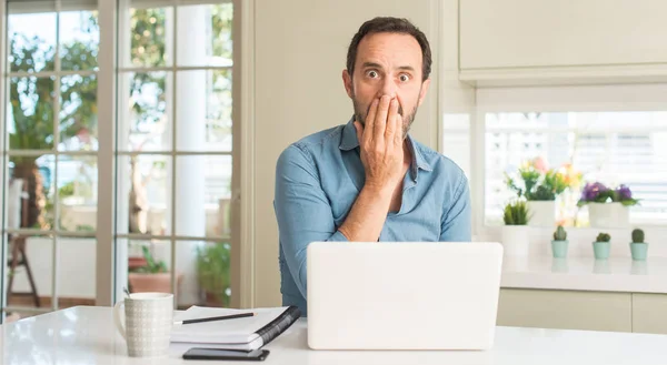 Middle age man using laptop at home cover mouth with hand shocked with shame for mistake, expression of fear, scared in silence, secret concept