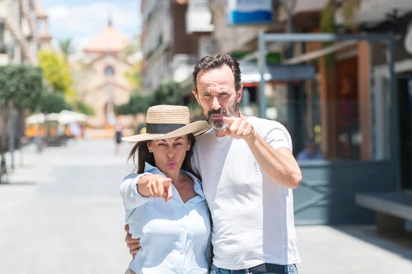 Middle Age Couple Street Pointing Finger Camera You Hand Sign — Stock Photo, Image