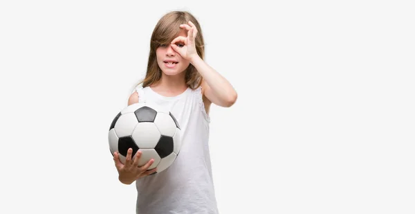 Jovem Criança Loira Segurando Bola Futebol Com Rosto Feliz Sorrindo — Fotografia de Stock