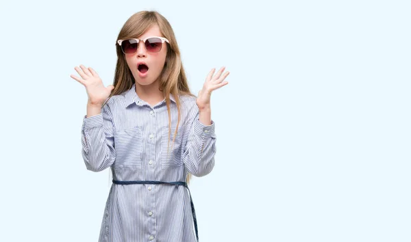 Young Blonde Toddler Wearing Blue Shirt Very Happy Excited Winner — Stock Photo, Image