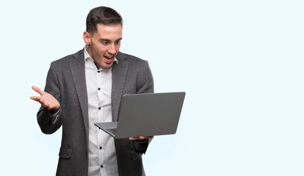 Handsome Young Man Using Computer Laptop Very Happy Excited Winner — Stock Photo, Image