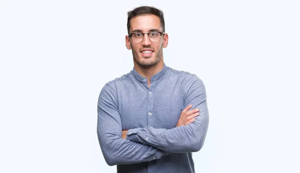 Handsome Young Elegant Man Wearing Glasses Happy Face Smiling Crossed — Stock Photo, Image