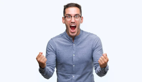 Handsome Young Elegant Man Wearing Glasses Celebrating Surprised Amazed Success — Stock Photo, Image