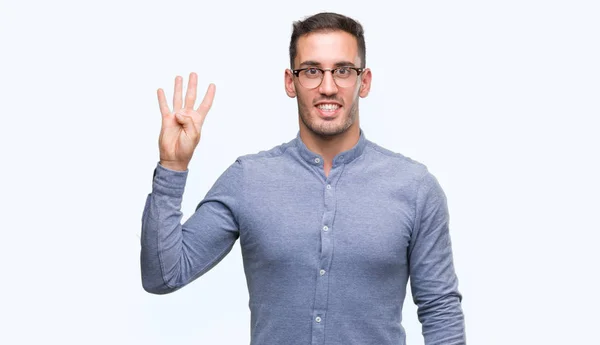Bonito Jovem Elegante Homem Usando Óculos Mostrando Apontando Para Cima — Fotografia de Stock