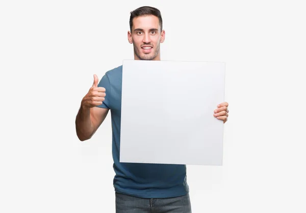 Handsome Young Man Holding Advertising Banner Happy Big Smile Doing — Stock Photo, Image