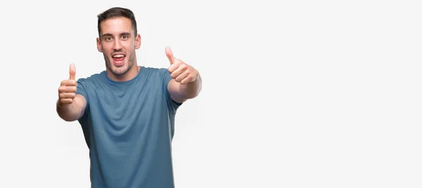 Handsome Young Casual Man Approving Doing Positive Gesture Hand Thumbs — Stock Photo, Image