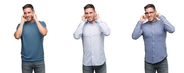 ハンサムな若い男が大声で音楽の音の腹が立つ式の指で耳を覆うさまざまな衣装を身に着けています 聴覚障害者の概念 — ストック写真