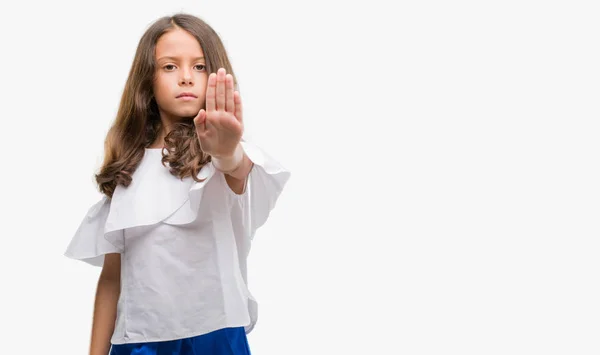 Brunetka Dziewczynka Hiszpanin Robi Stop Śpiewać Dłoni Ostrzeżenie Wyrażenie Negatywnych — Zdjęcie stockowe