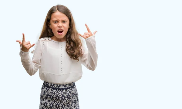 Brunette Hispanic Girl Shouting Crazy Expression Doing Rock Symbol Hands — Stock Photo, Image