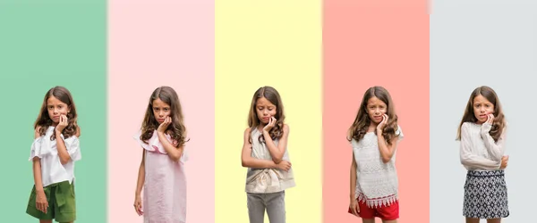 Κολάζ Από Μελαχρινή Κορίτσι Ισπανόφωνος Φορώντας Διαφορετικά Ρούχα Αγγίζοντας Στόμα — Φωτογραφία Αρχείου