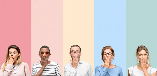 Mixed Group People Women Men Covers Mouth Shock Looks Shy — Stock Photo, Image