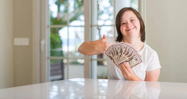 Syndrome Woman Home Holding Dollars Happy Big Smile Doing Sign — Stock Photo, Image