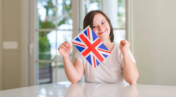 Syndrome Woman Home Holding Flag Screaming Proud Celebrating Victory Success — Stock Photo, Image