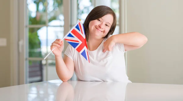 Syndrome Woman Home Holding Flag Surprise Face Pointing Finger Himself — Stock Photo, Image