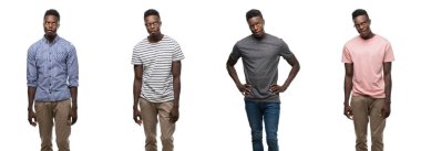 Farklı giyen Afrikalı-Amerikalı adam kolaj dudaklı, çılgın ve komik bir jest yapma balık yüz kıyafetler. Komik ifade.