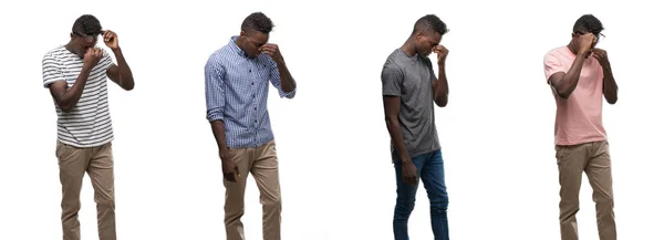 Collage Van Afro Amerikaanse Man Dragen Verschillende Outfits Moe Wrijven — Stockfoto